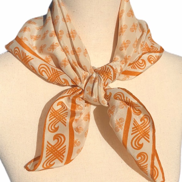 Vintage Cream and Orange 100% Silk Scarf - Picture 2 of 6